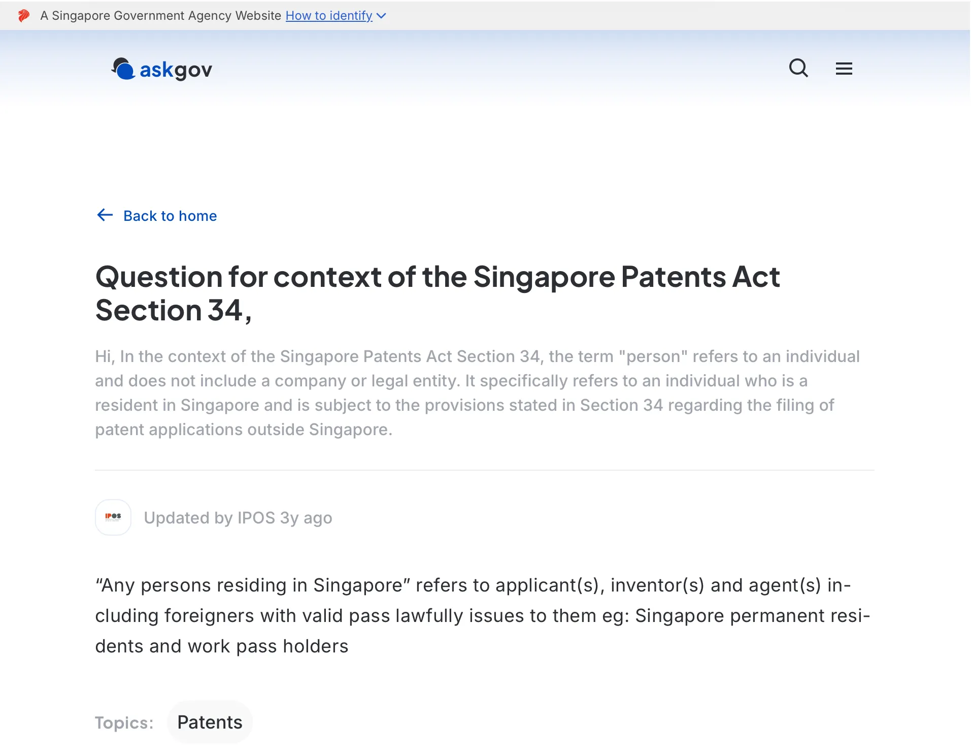 IPOS AskGov guidance on the meaning of “person” in Section 34 of the Patents Act
