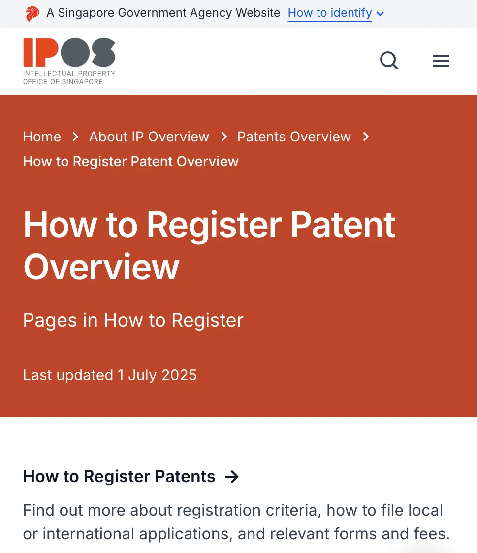 IPOS “How to Register Patent Overview” webpage using registration terminology for obtaining a patent