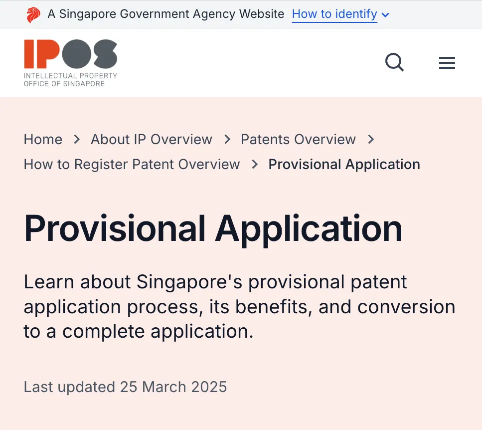 IPOS “Provisional Application” webpage referring to conversion to a complete application